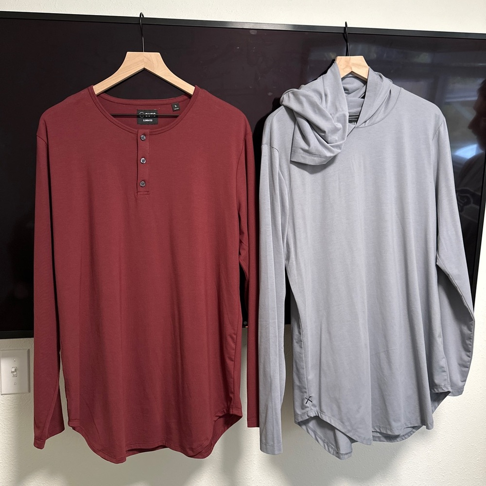 Cuts long sleeve elongated red Henley and blue hooded
